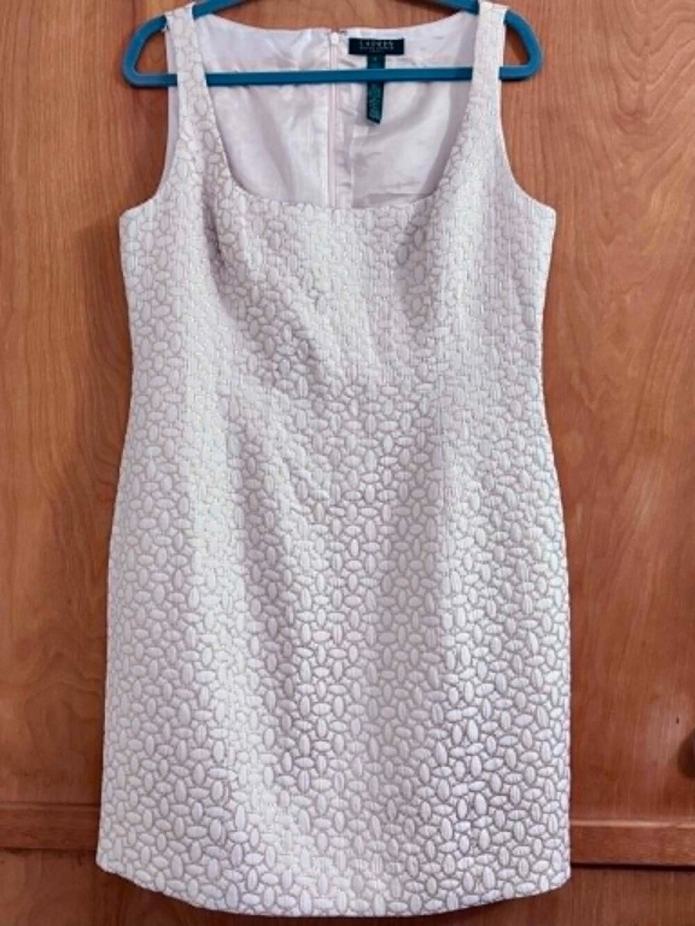 Vintage Lauren Ralph Lauren Ivory Gold Metallic Geometric Sheath Dress Size 14